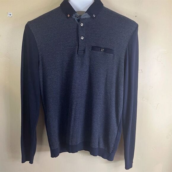 Ted Baker MensHoundstooth Knit Polo Shirt Black and Gray‎ Long Sleeve Size Large - Picture 1 of 10